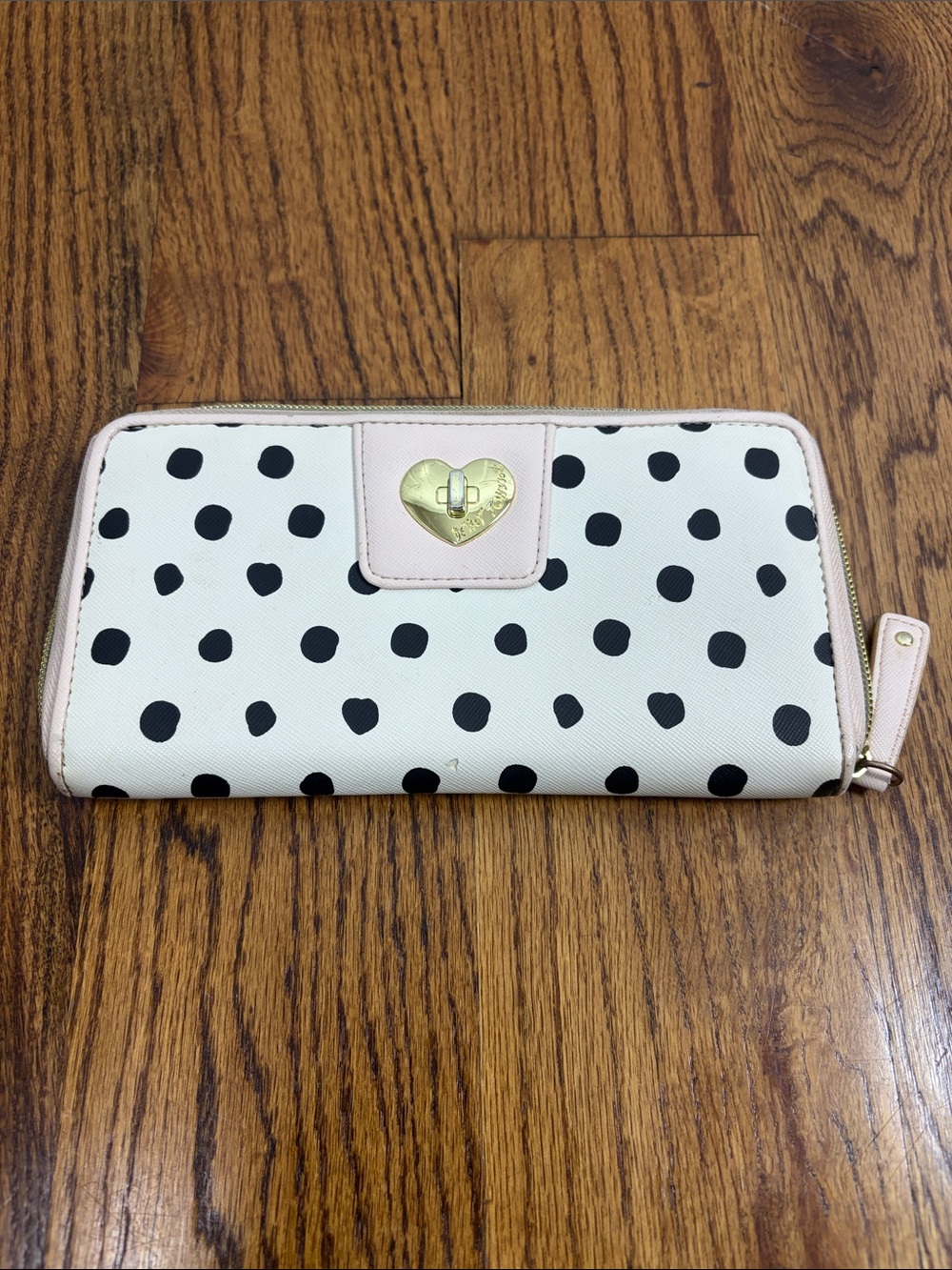 Betsey Johnson Cream and Black Polka Dot Zip Wallet with Pink Trim